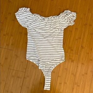 J. Crew Black and White Striped Bodysuit with Ruffled Neckline